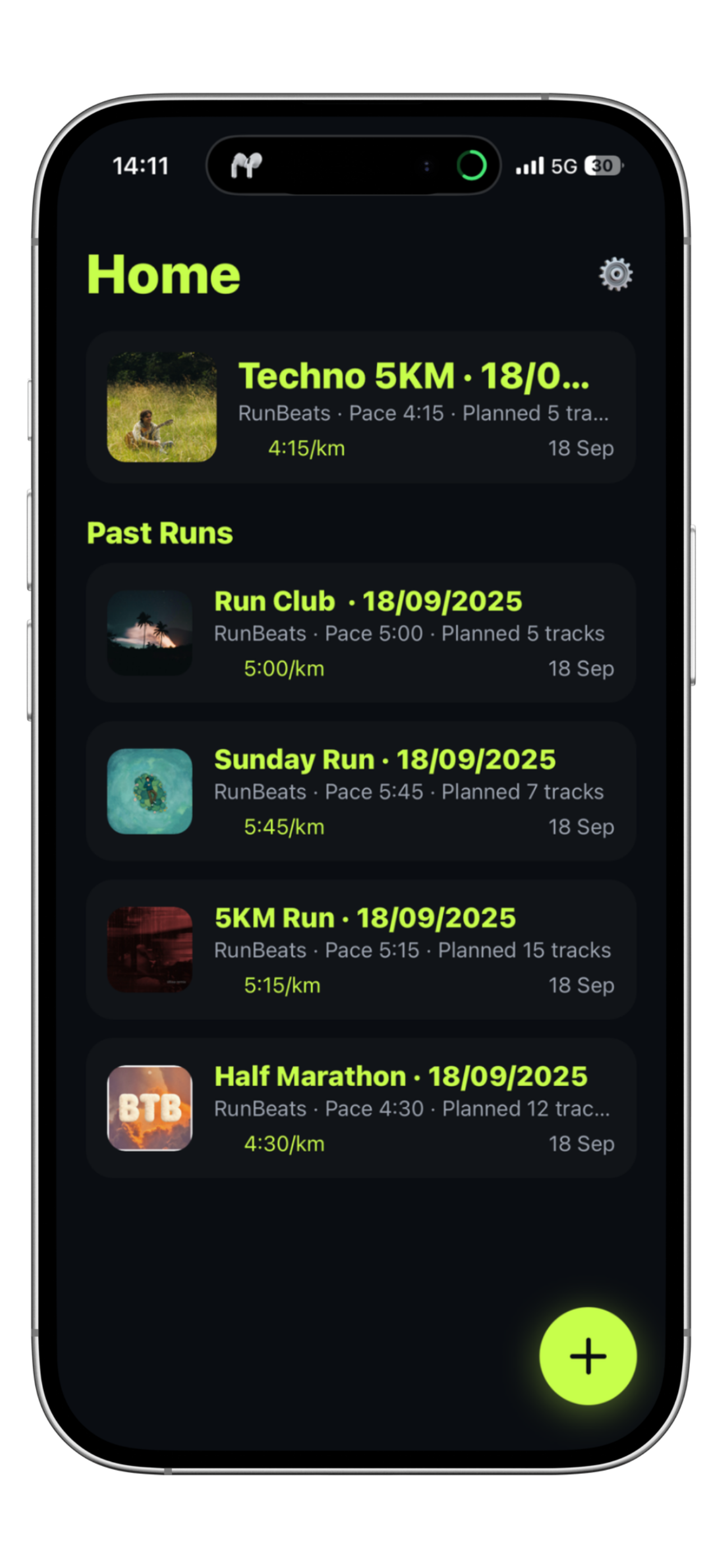 RunBeats app preview showing timeline of songs mapped to run distance